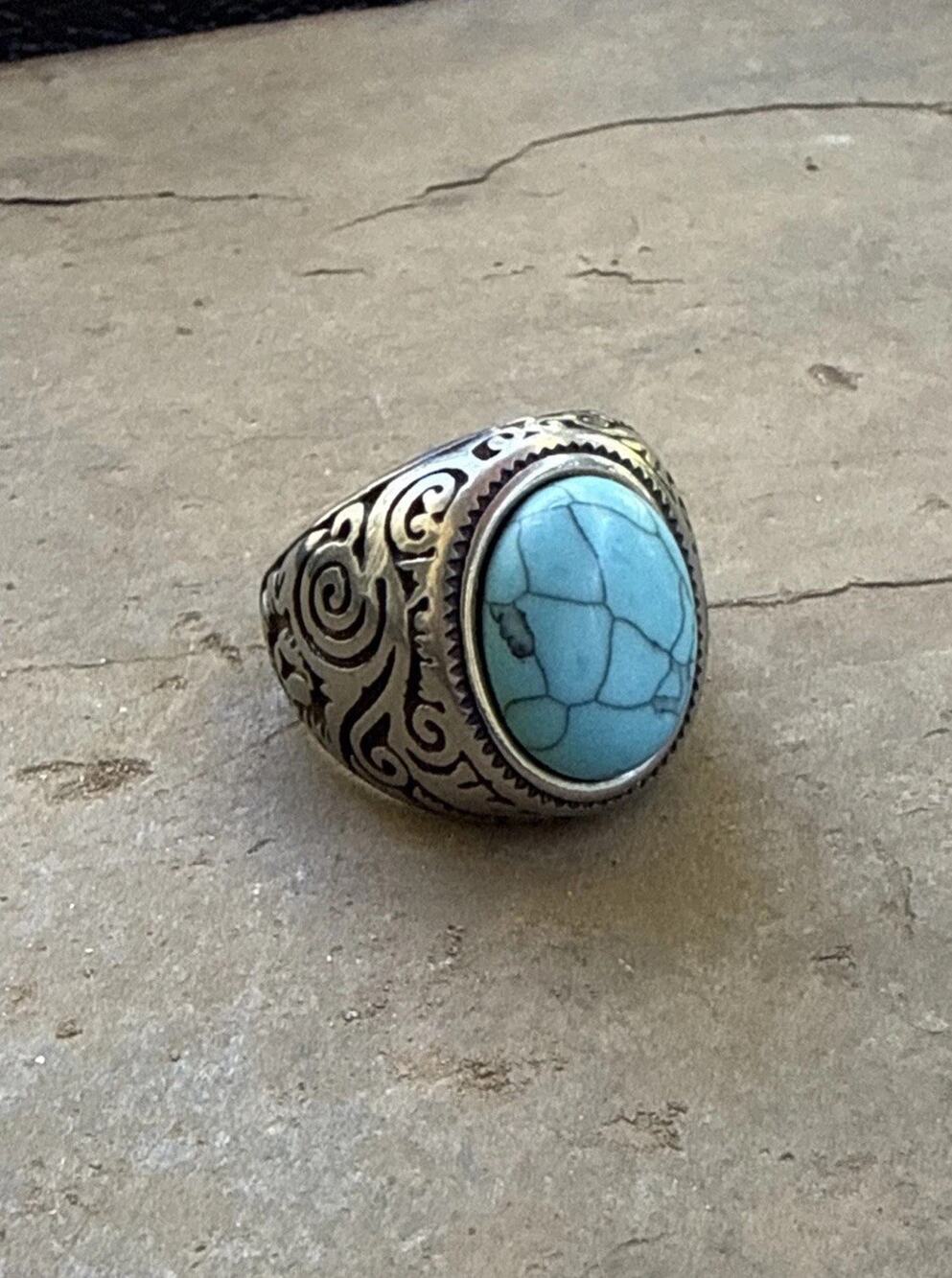 Vintage Style Western Turquoise Ring Men’s Silver Tone Biker Scroll Band Sz 8.5